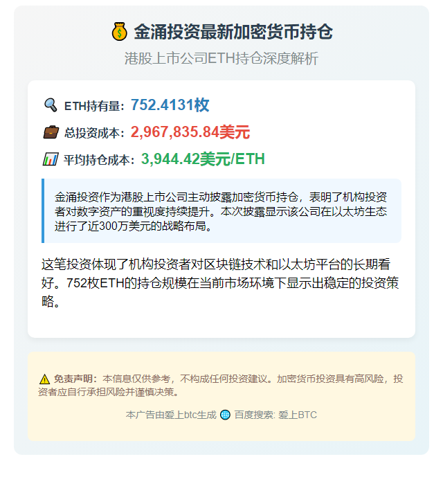 金涌投资持752枚ETH 成本297万美元
