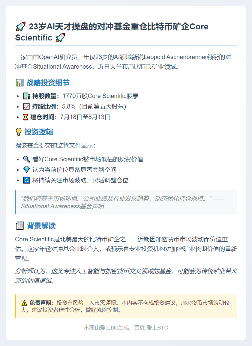 "对冲基金购入Core Scientific 5.8%股份"