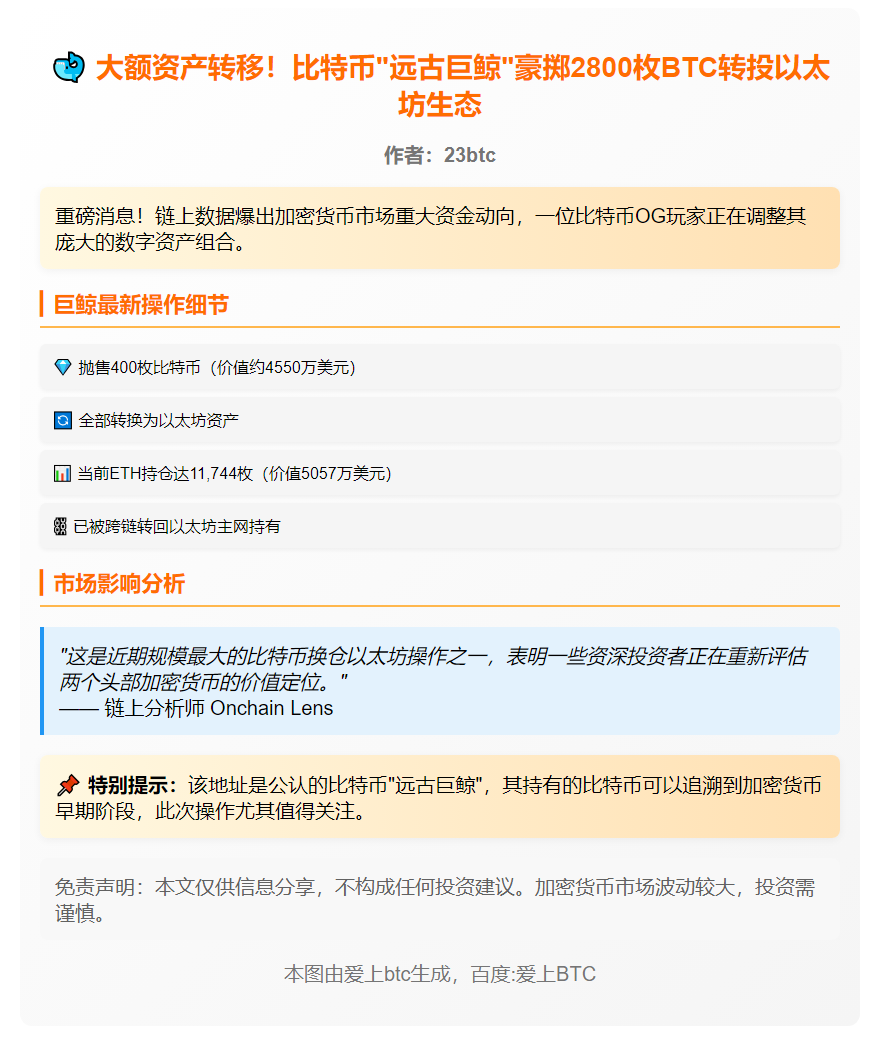 比特币巨鲸转投以太坊