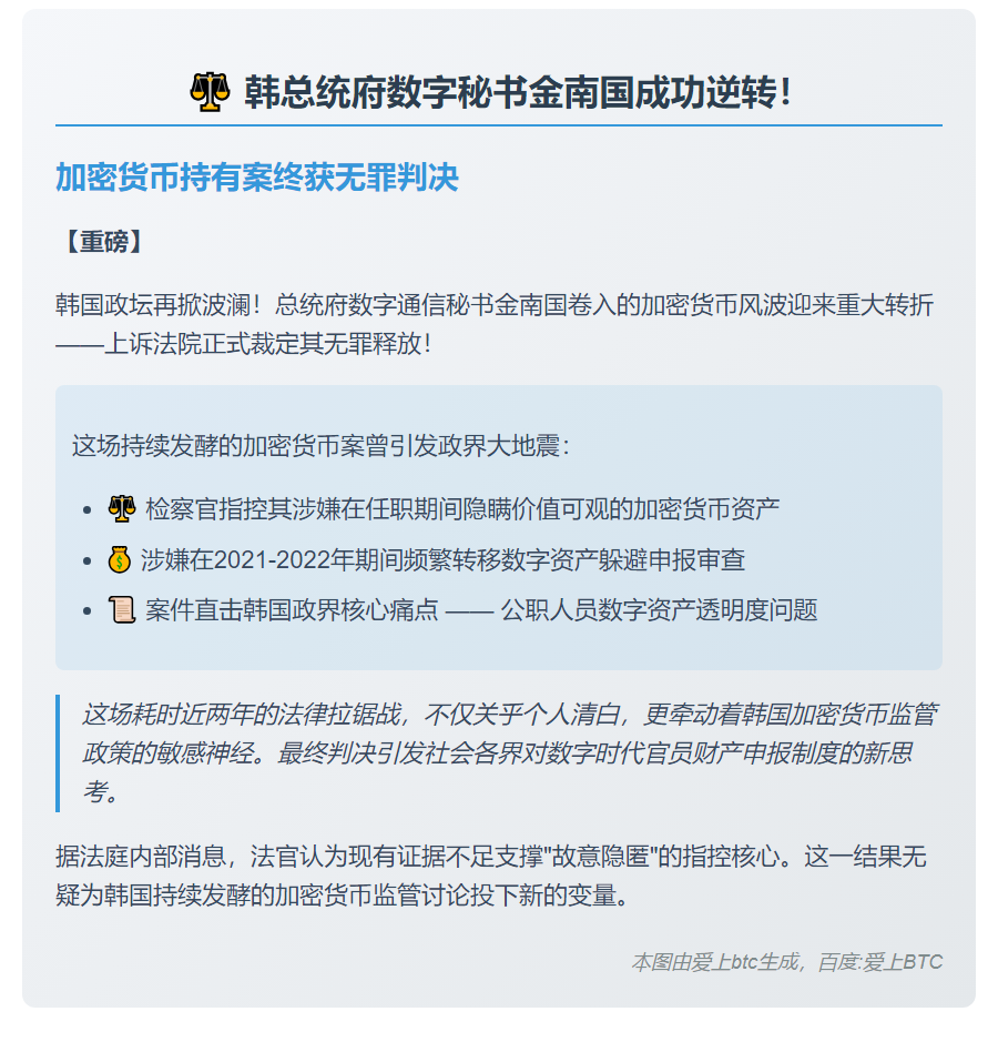 韩数字通信秘书金南国涉加密资产案无罪