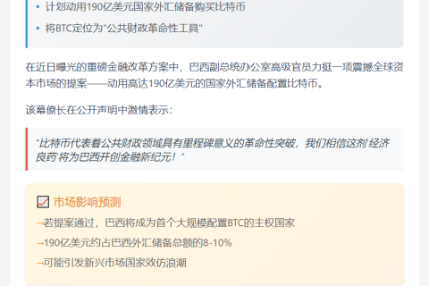 巴西幕僚长捍卫190亿购比特币提案