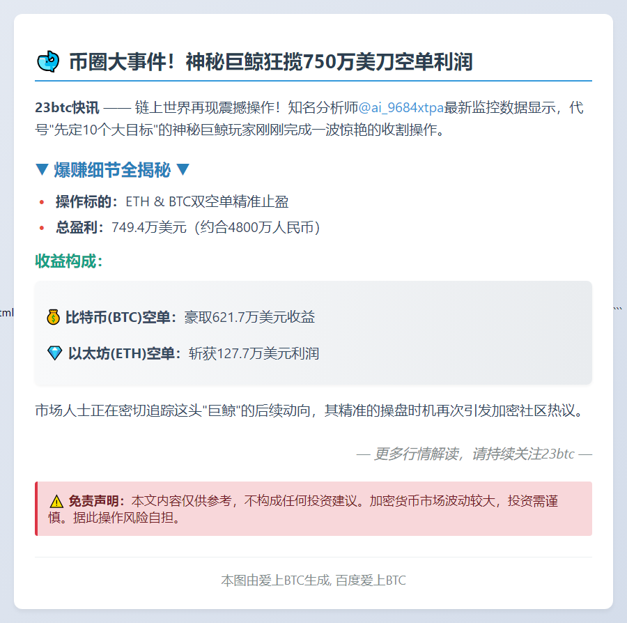 巨鲸10单空盈749万美元