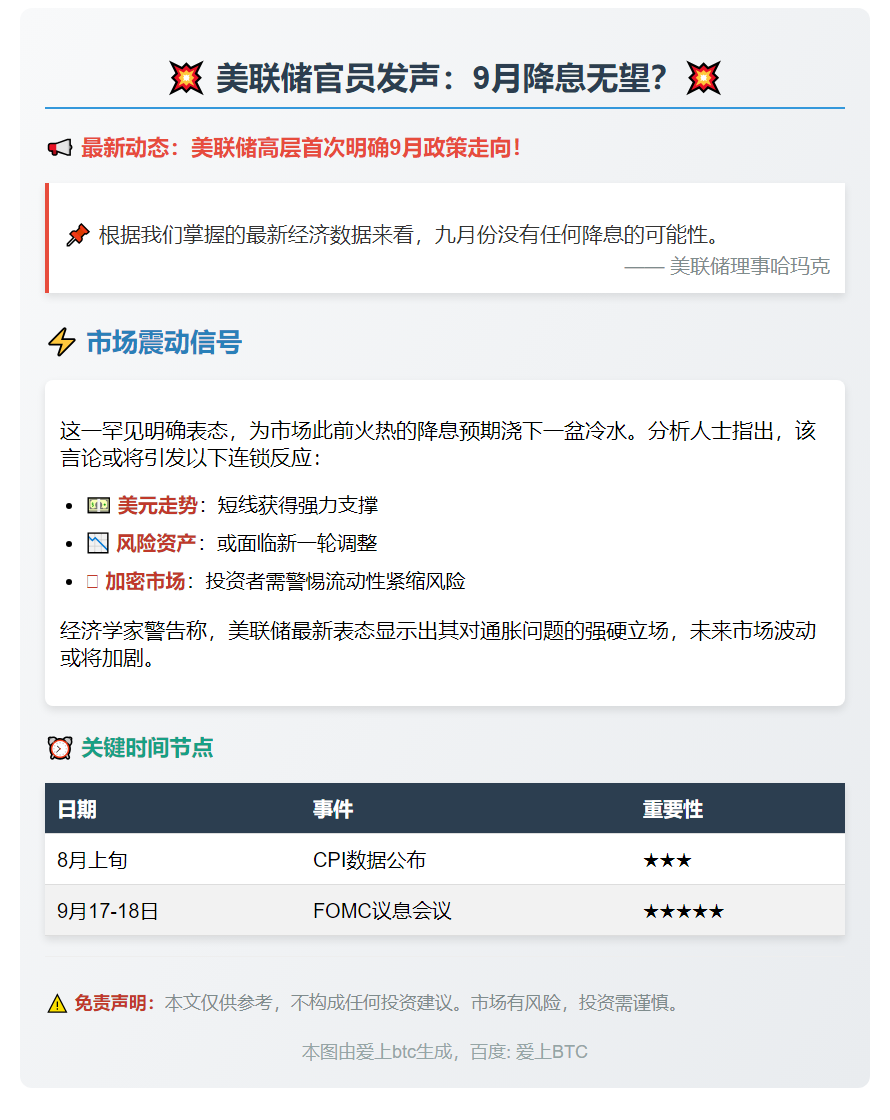 美联储哈玛克：九月不会降息