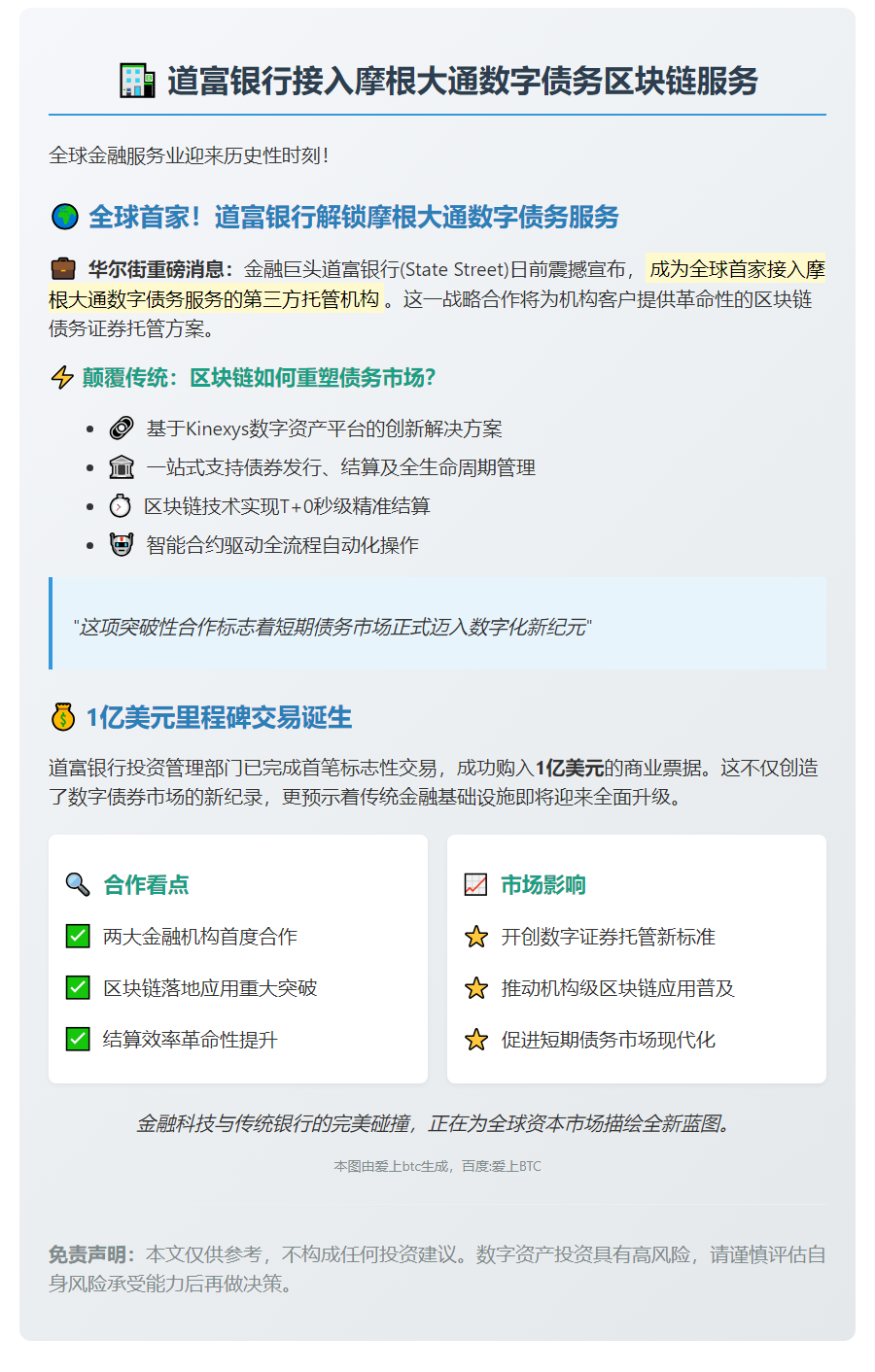 道富银行接入摩根大通数字债务区块链服务