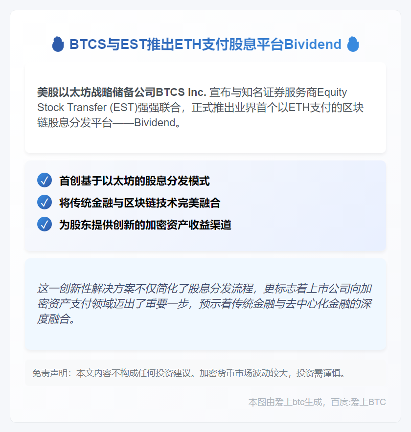 BTCS与EST推出ETH支付股息平台Bividend