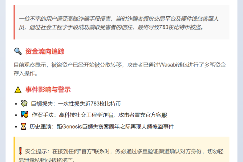 用户被盗783比特币，疑遭钓鱼攻击