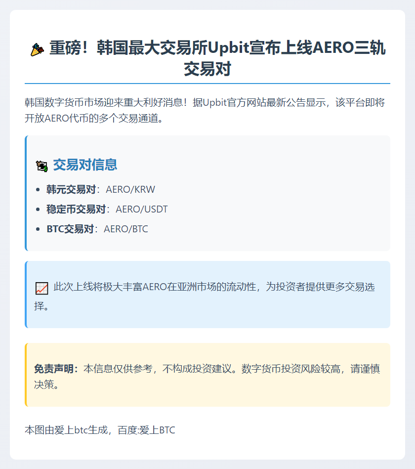 Upbit上线AERO韩元、USDT、BTC交易对