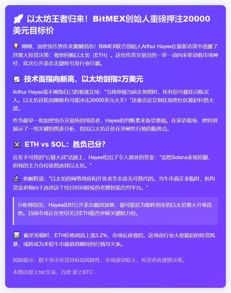 Hayes：买入以太坊，看涨至2万美元