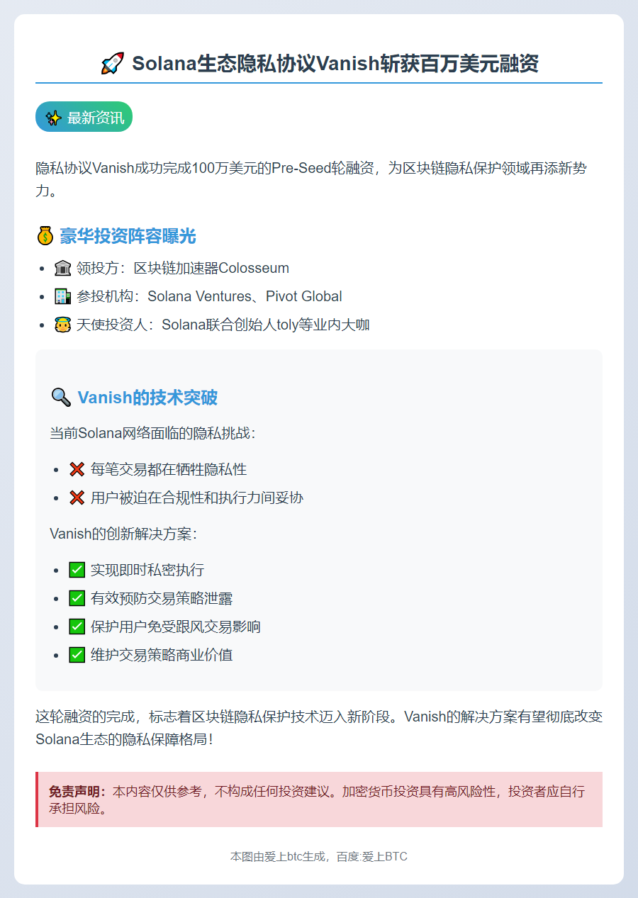 "Vanish获100万美元Pre-Seed轮融资"