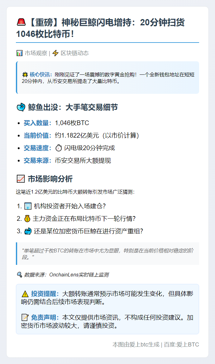 "新地址大买1,046枚BTC，价值1.2亿美元"