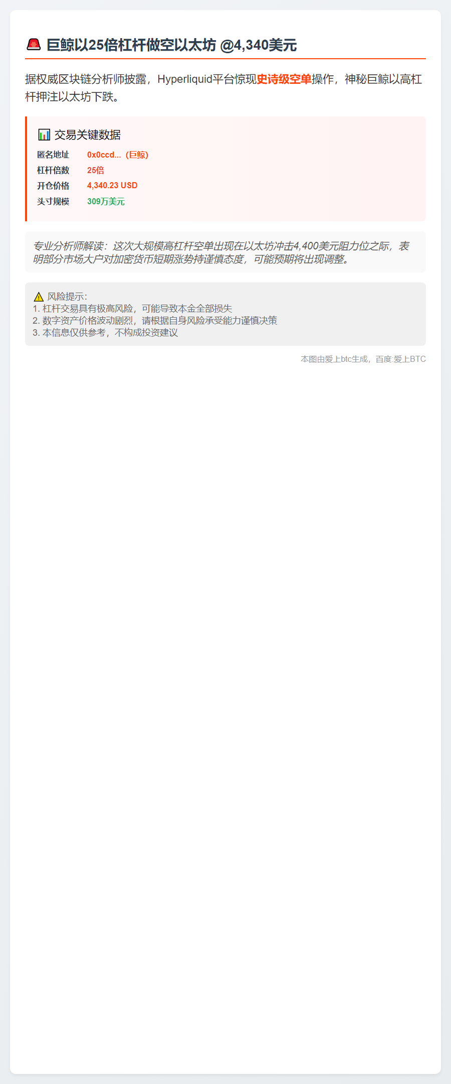 巨鲸25倍杠杆做空以太坊，开仓价4340
