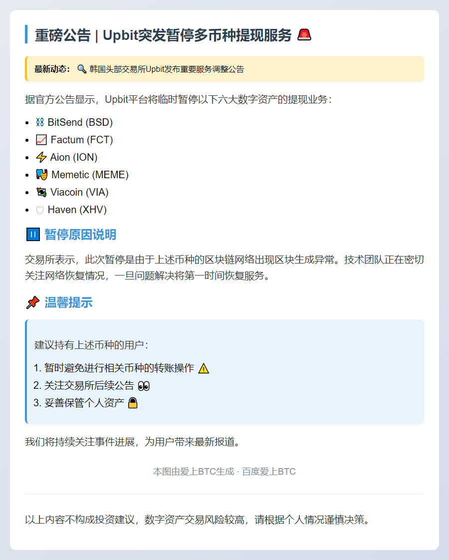 Upbit暂停6种代币提现