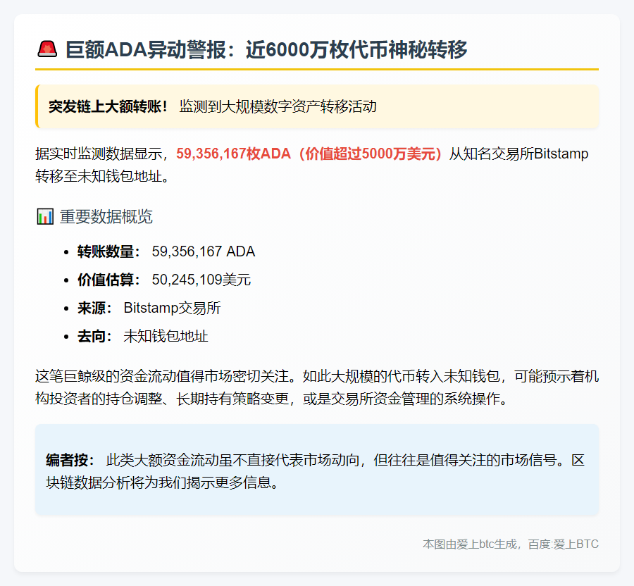 "5956万ADA转至未知钱包"