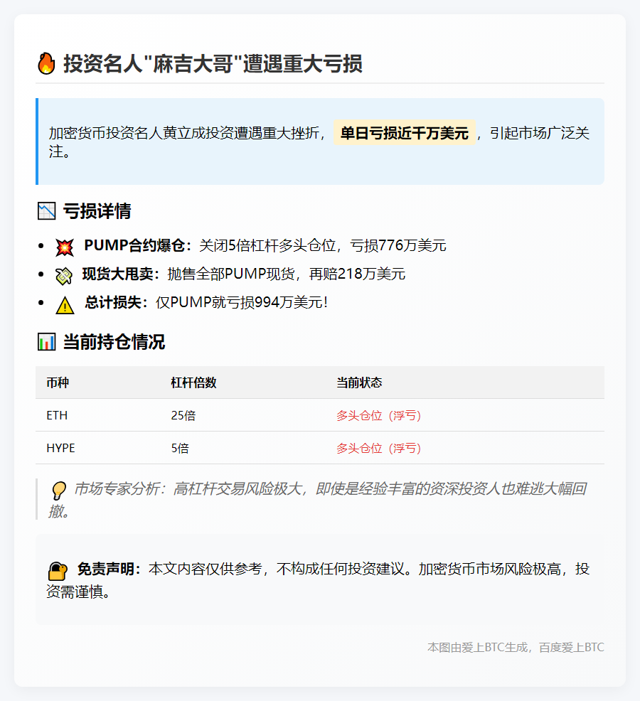 麻吉大哥黄立成PUMP合约亏损近千万