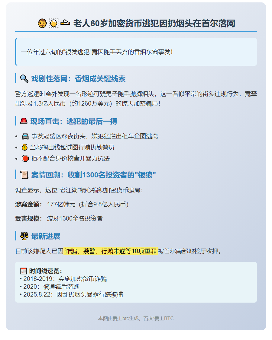 六旬加密货币逃犯因扔烟头在首尔落网