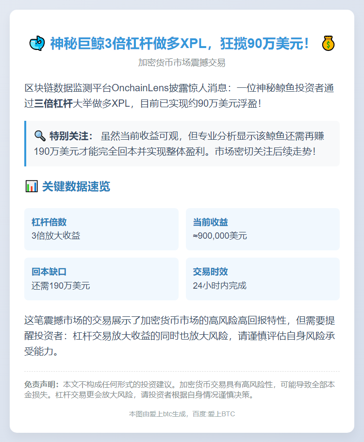 鲸鱼3倍做多XPL赚90万美元