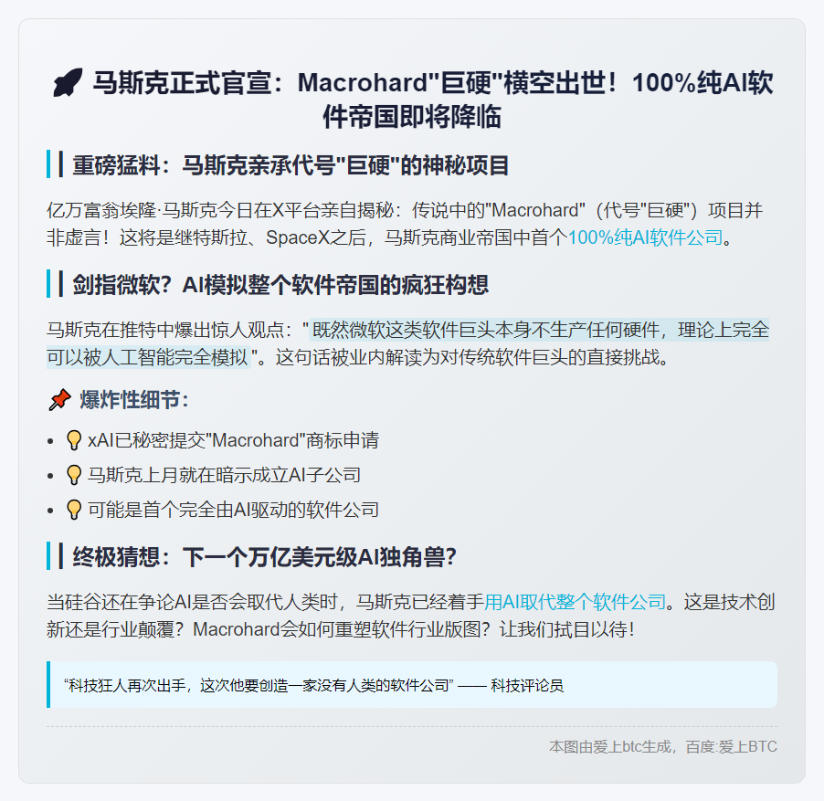 马斯克证实Macrohard为纯AI软件公司