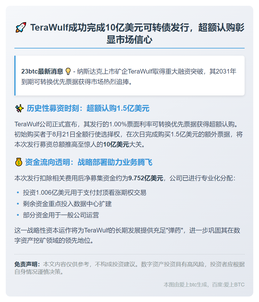 TeraWulf募资10亿美元完成超额配售