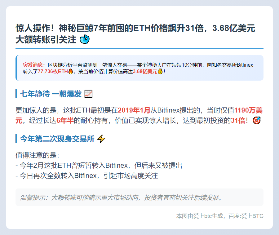 巨鲸转3.68亿ETH至Bitfinex