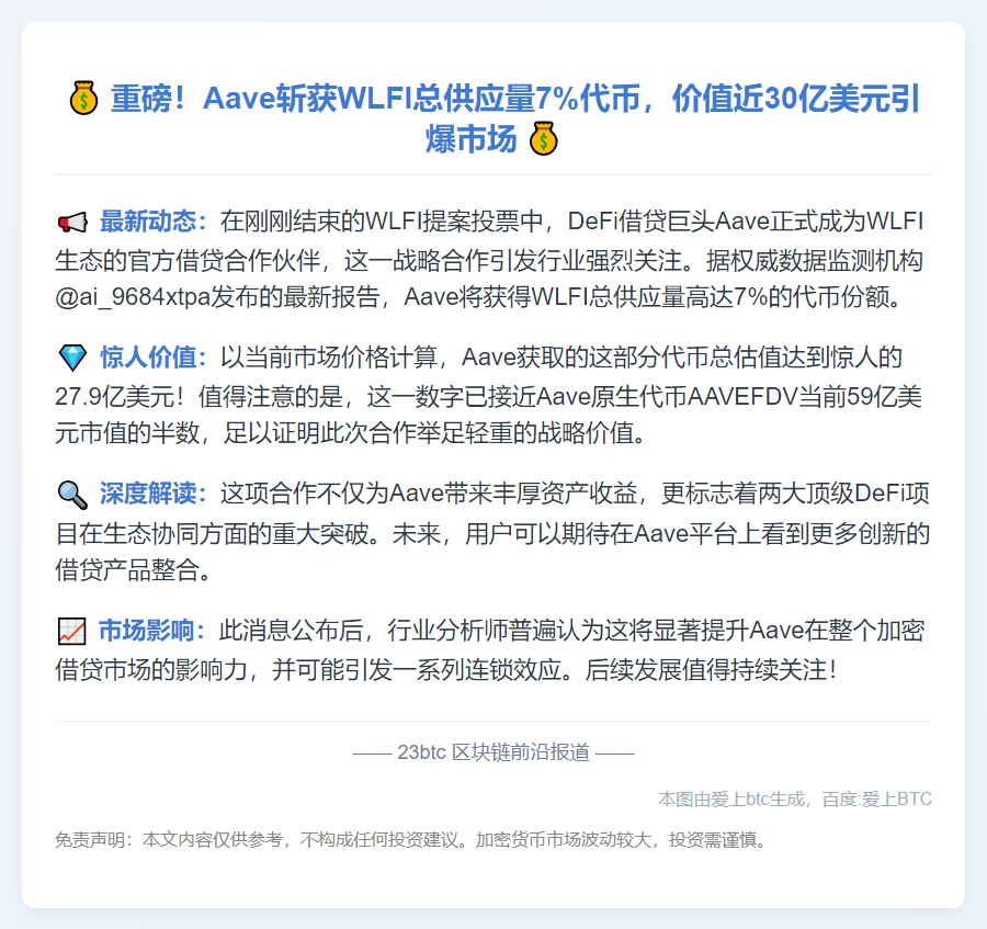 Aave获赠WLFI 7%代币