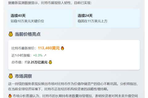 比特币稳居11万美元上方达24天