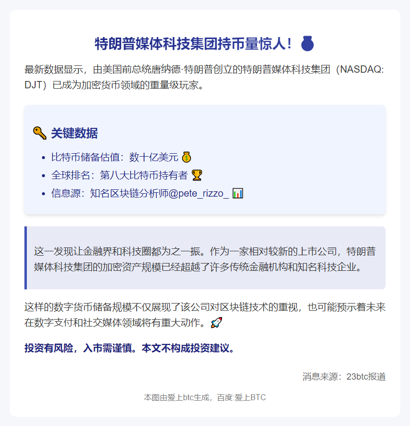特朗普集团比特币储备数十亿 全球第八
