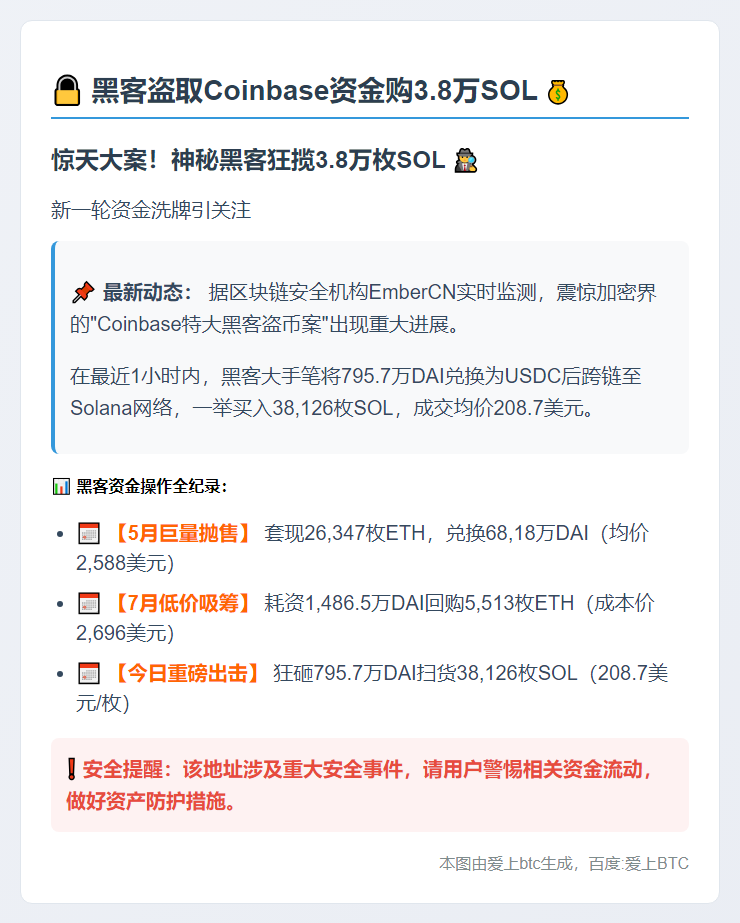 黑客盗取Coinbase资金购3.8万SOL
