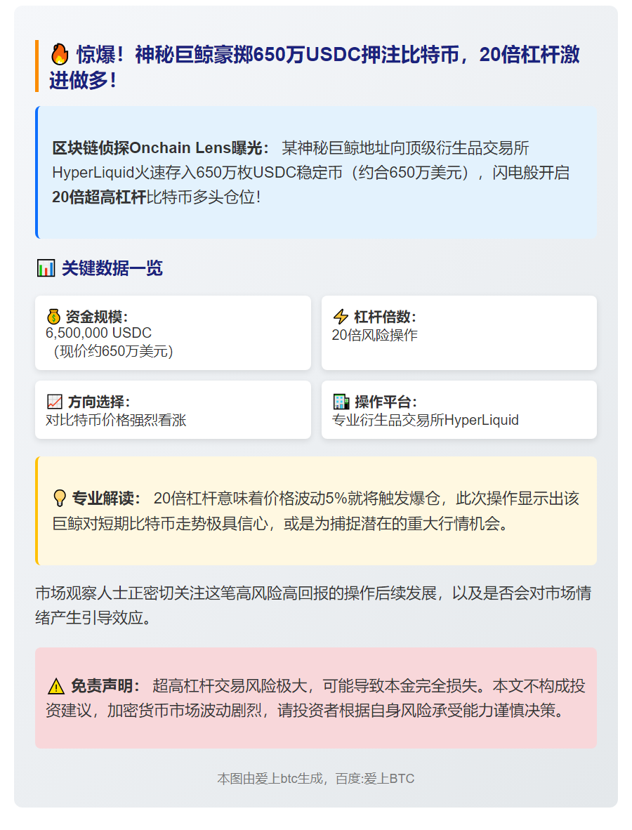"巨鲸650万USDC做多BTC 20倍杠杆"