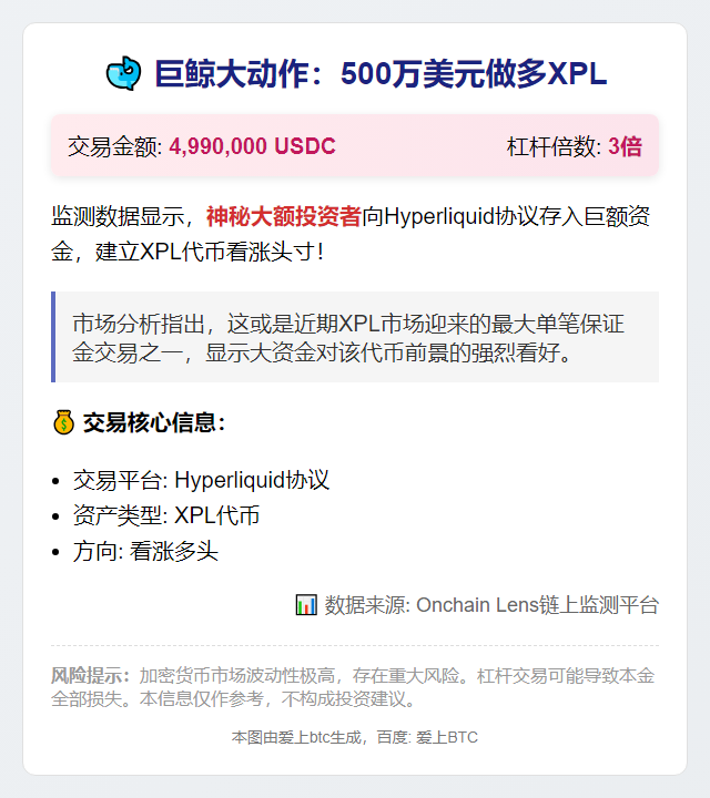 鲸鱼豪掷499万USDC做多XPL