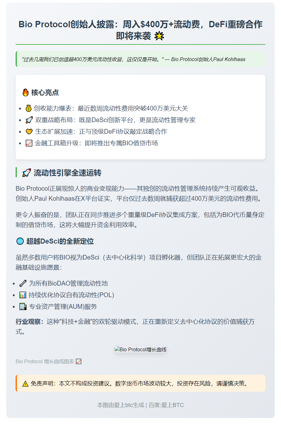 Bio Protocol获400万美元流动性费 将集成DeFi协议