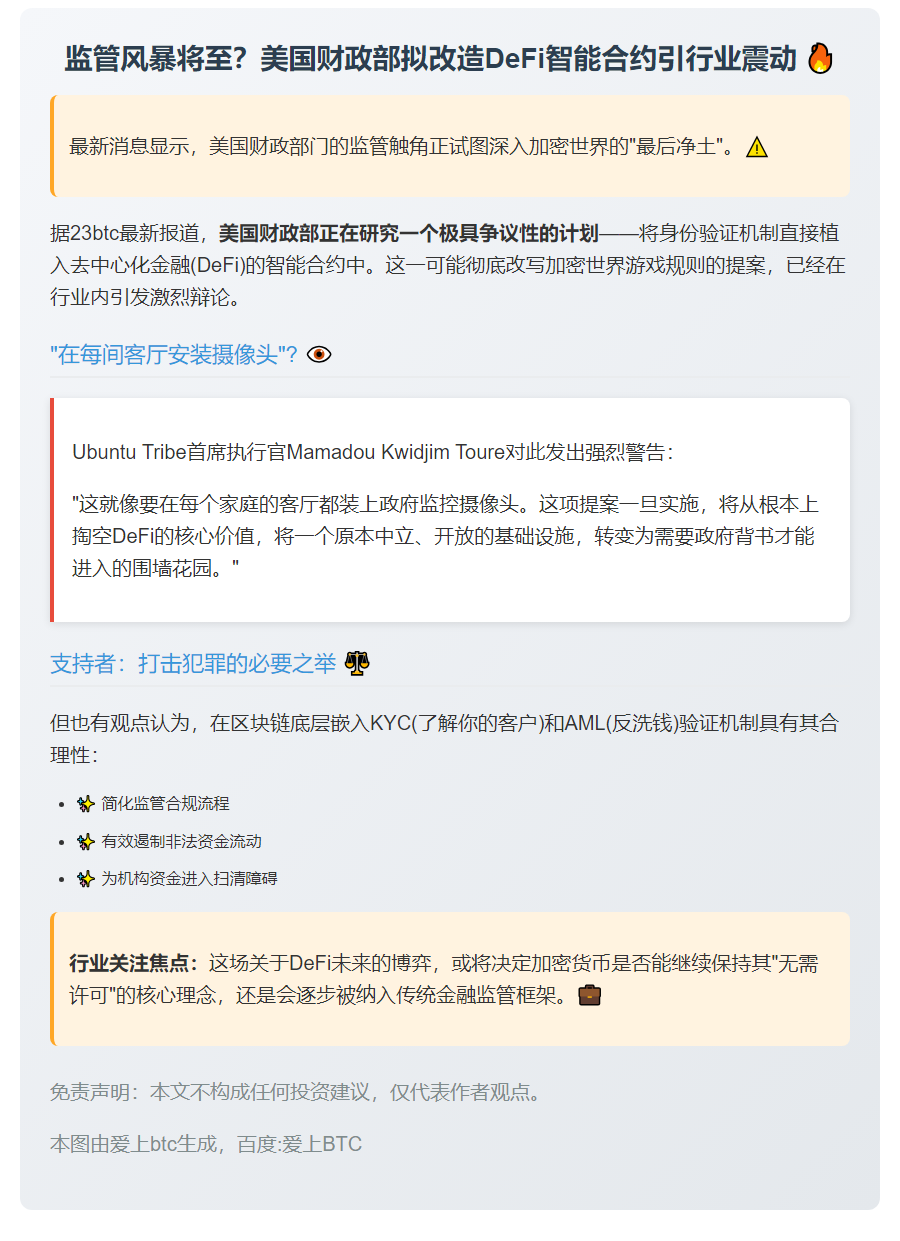 美财政部拟将身份检查引入智能合约 威胁DeFi核心