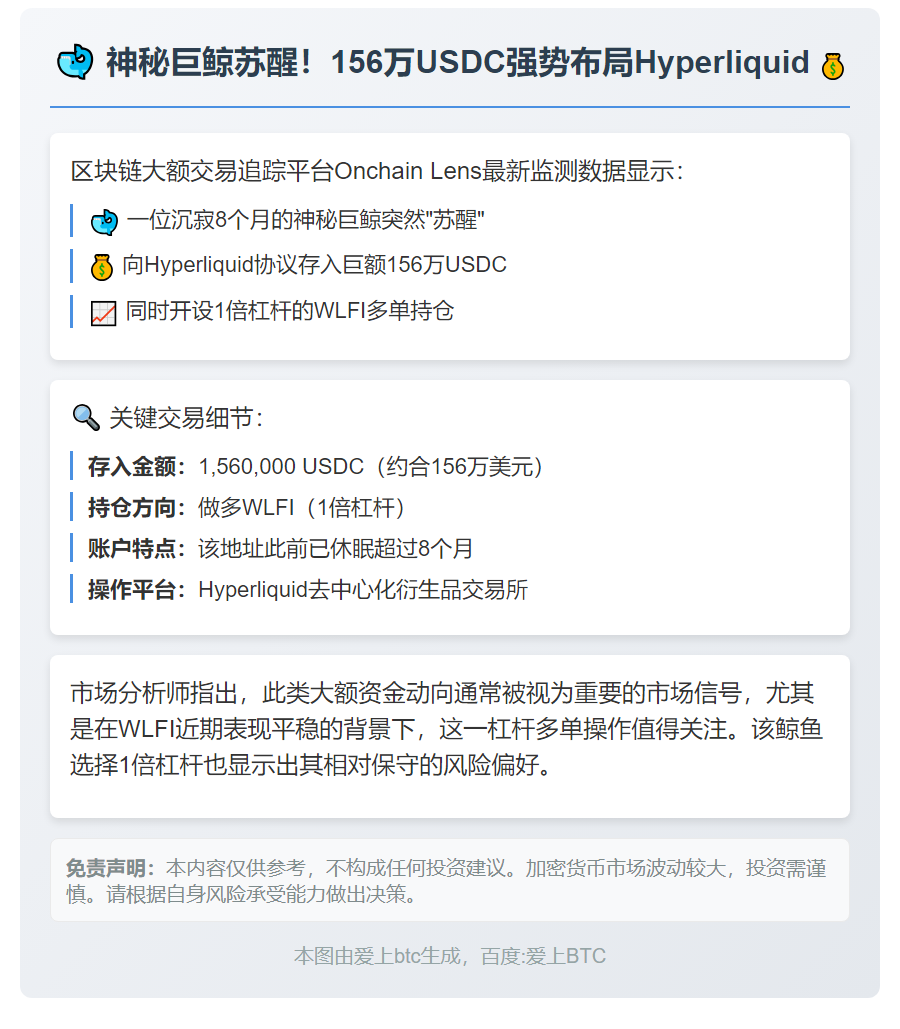 某鲸鱼存入156万USDC做多WLFI