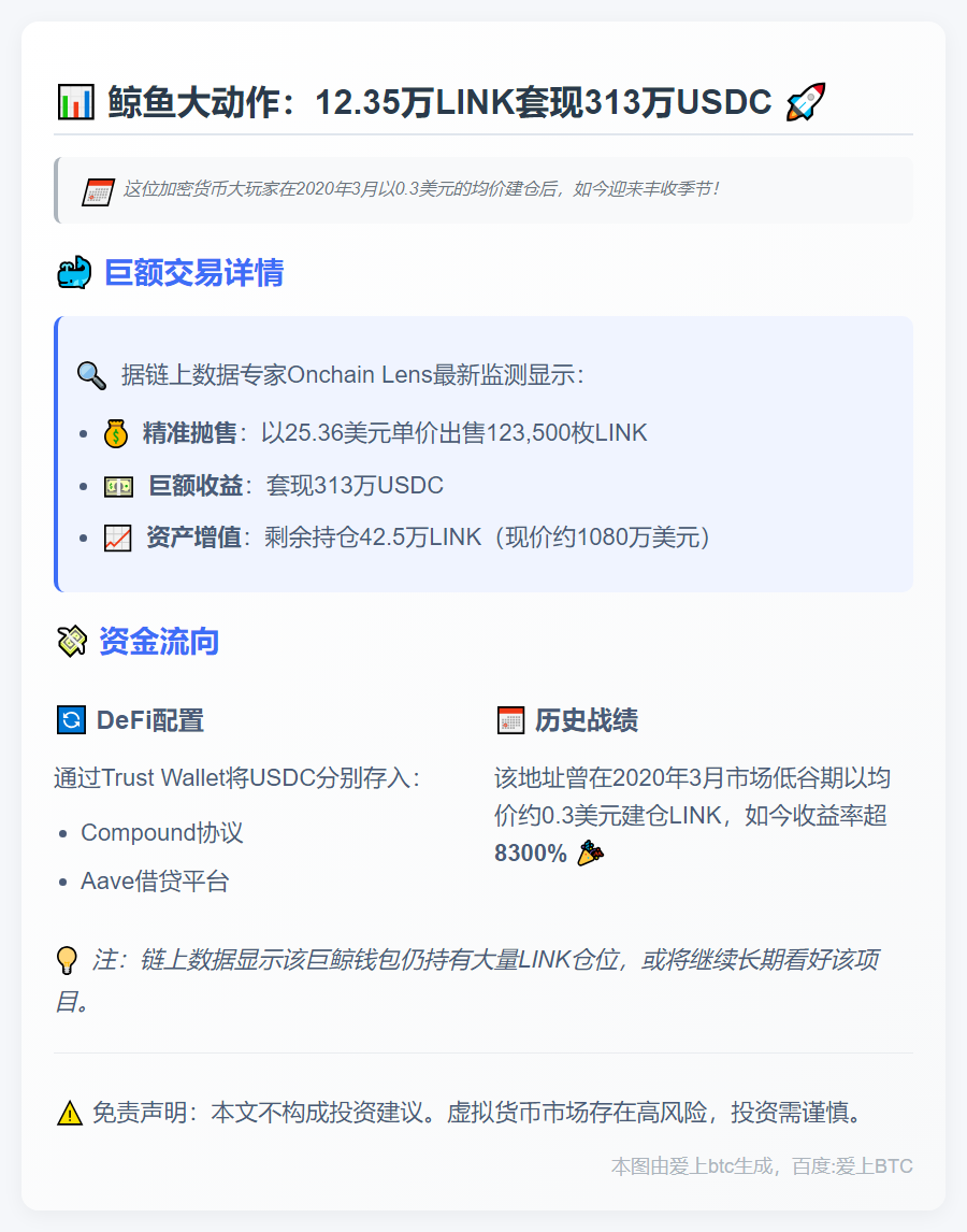 鲸鱼抛售12.35万LINK套现313万USDC