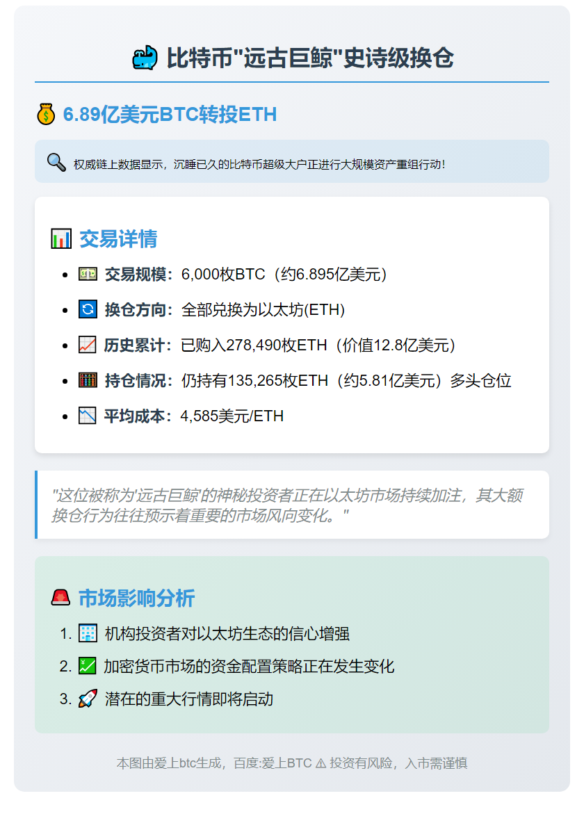 比特币巨鲸转6000BTC换仓ETH