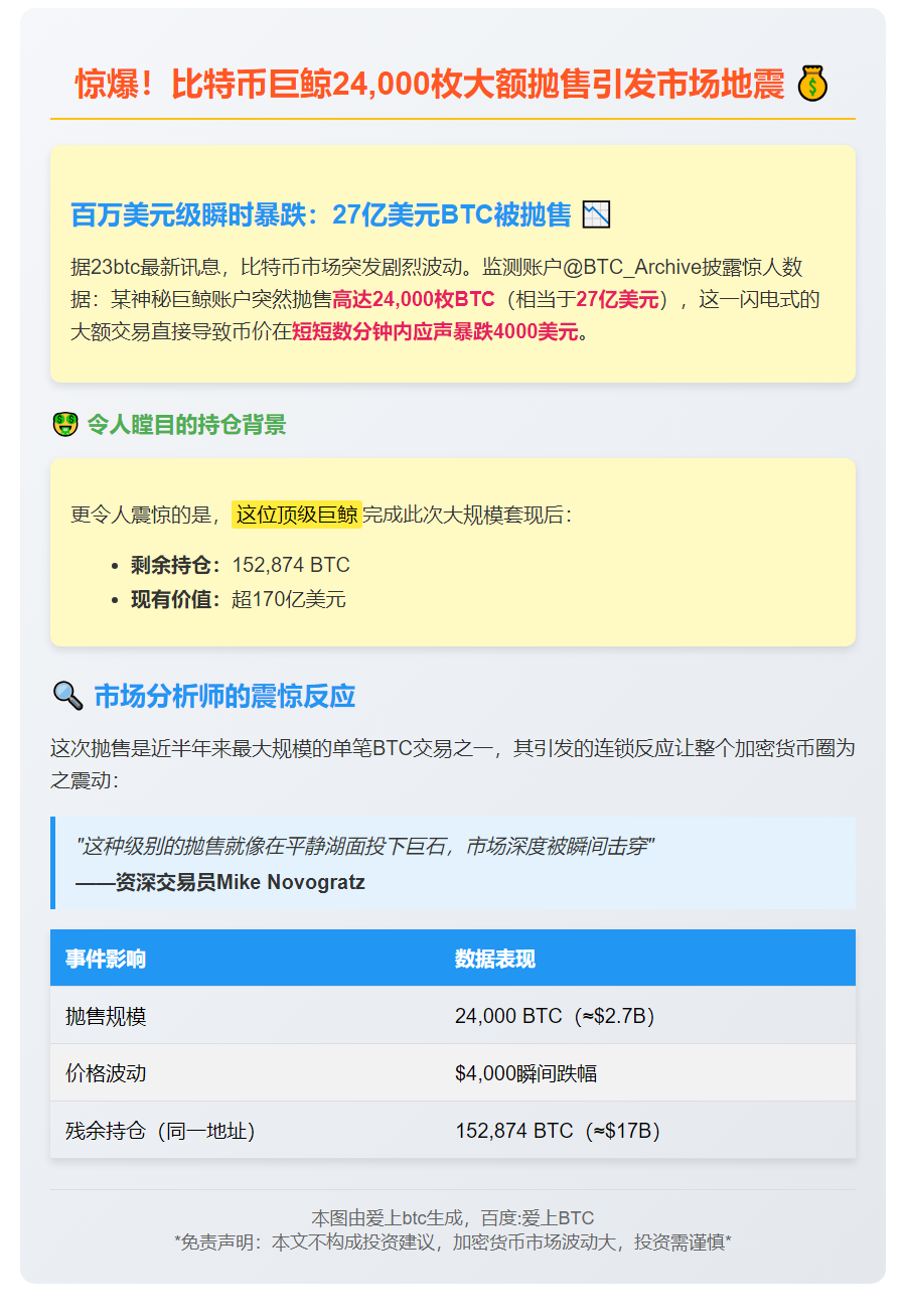 比特币巨鲸抛售2.4万枚BTC 价值27亿美元
