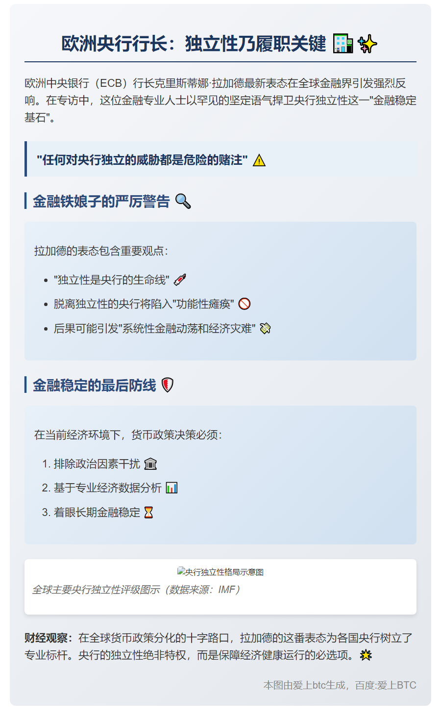 欧洲央行行长：独立性乃履职关键
