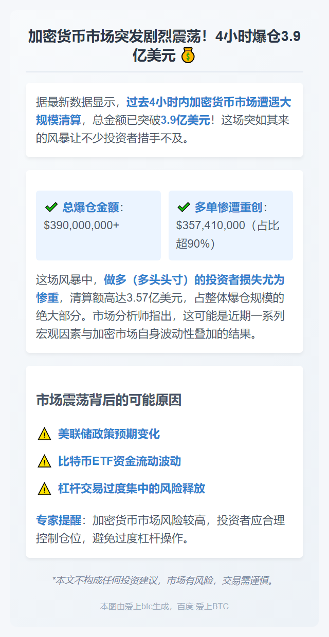 4小时加密货币清算超3.9亿美元