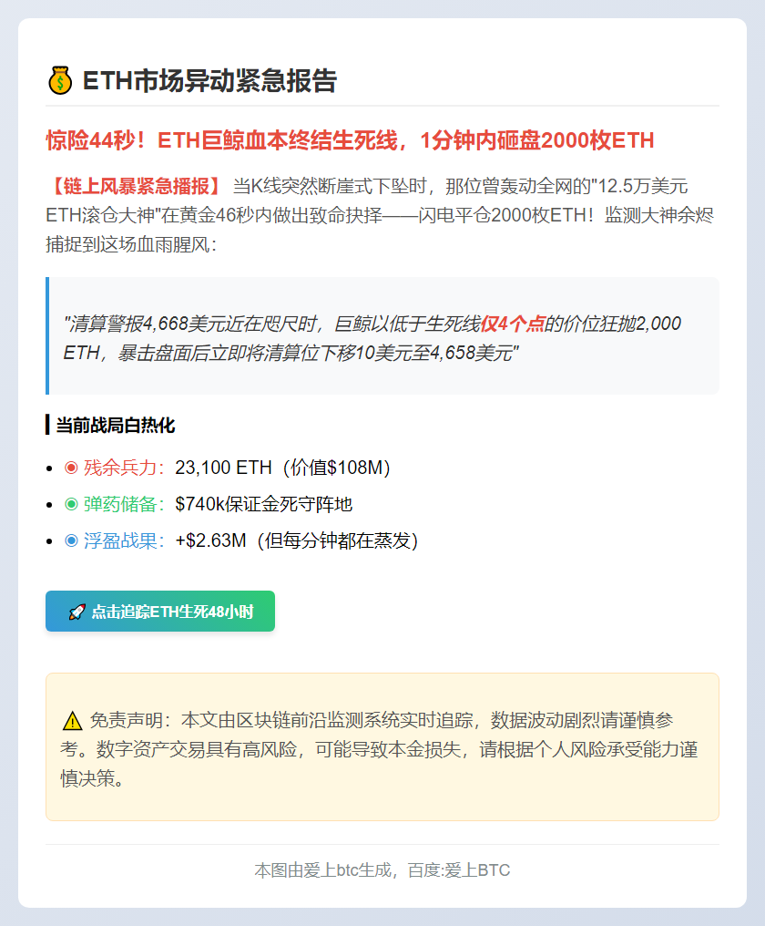 "12.5万美元ETH多单平仓2000枚 清算价降至4658美元"