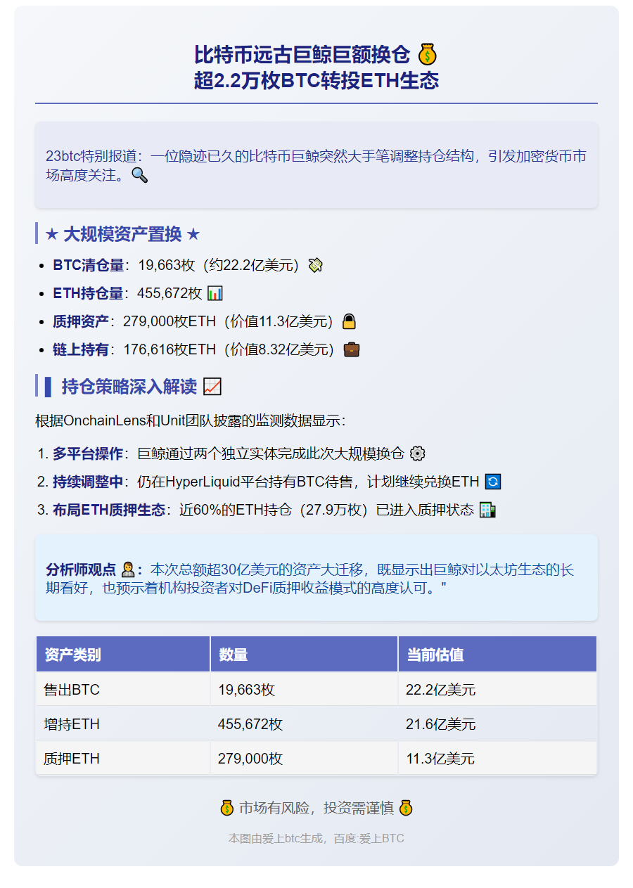 "比特币巨鲸转19万BTC换45万ETH"