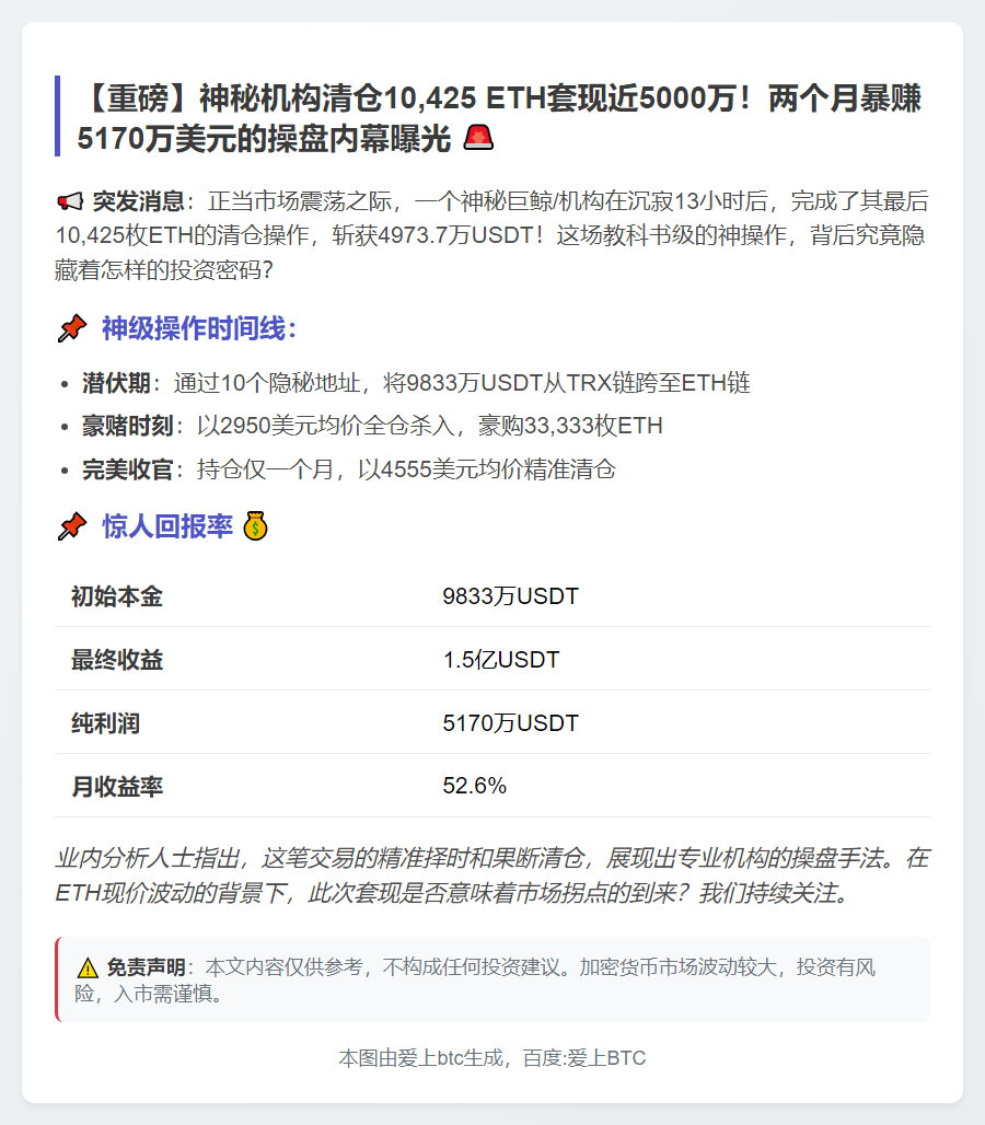 巨鲸清仓10,425ETH套现4973万美元