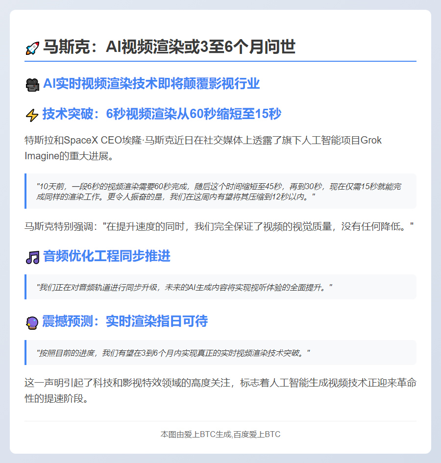 马斯克：AI视频渲染或3至6个月问世