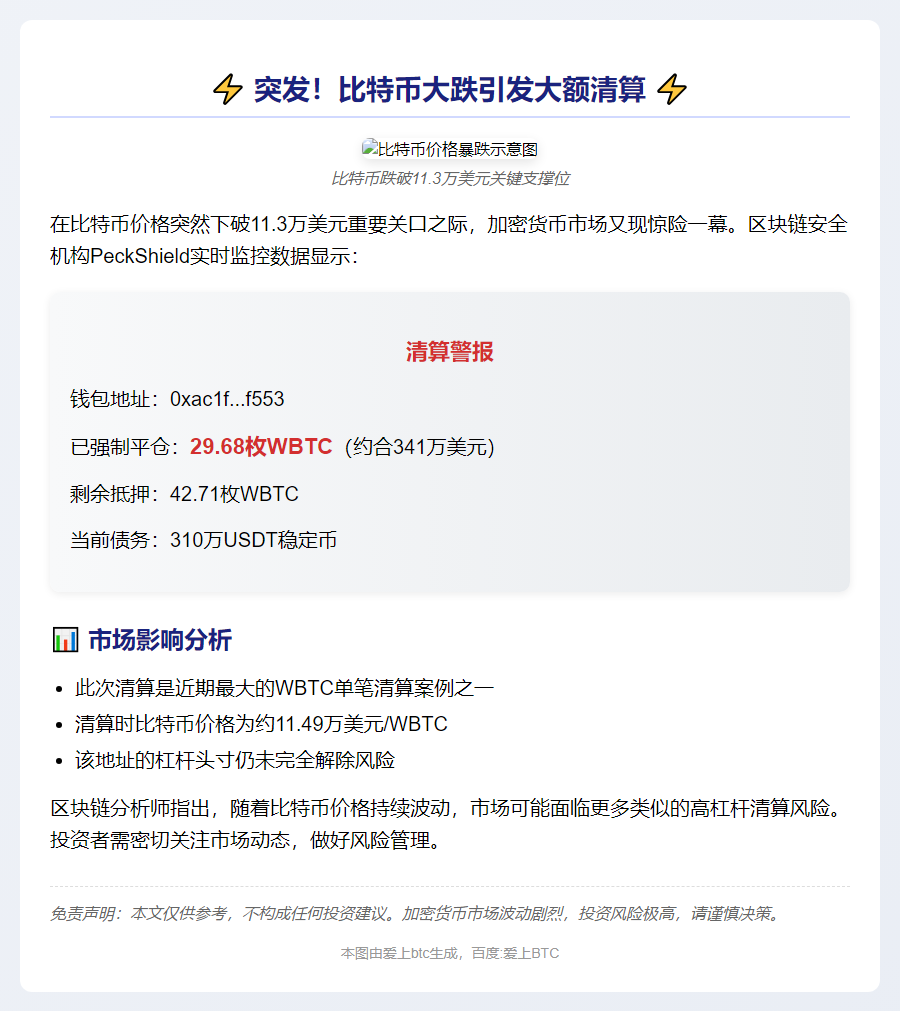 比特币跌破11.3万，29枚WBTC遭清算