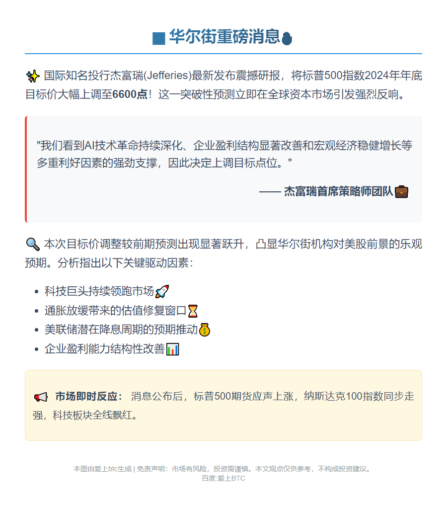 标普500年底目标上调至6600点