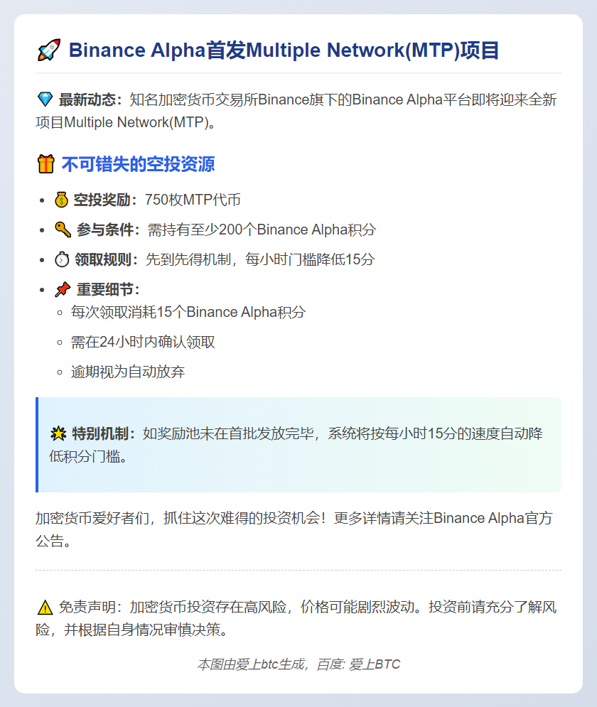Binance Alpha上线MTP，空投门槛200分