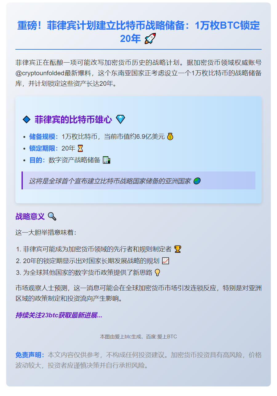 菲拟建1万枚比特币20年战略储备