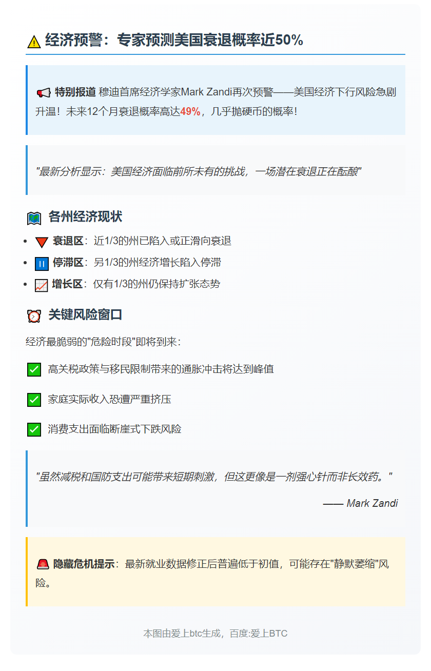 赞迪预测美明年衰退概率49%