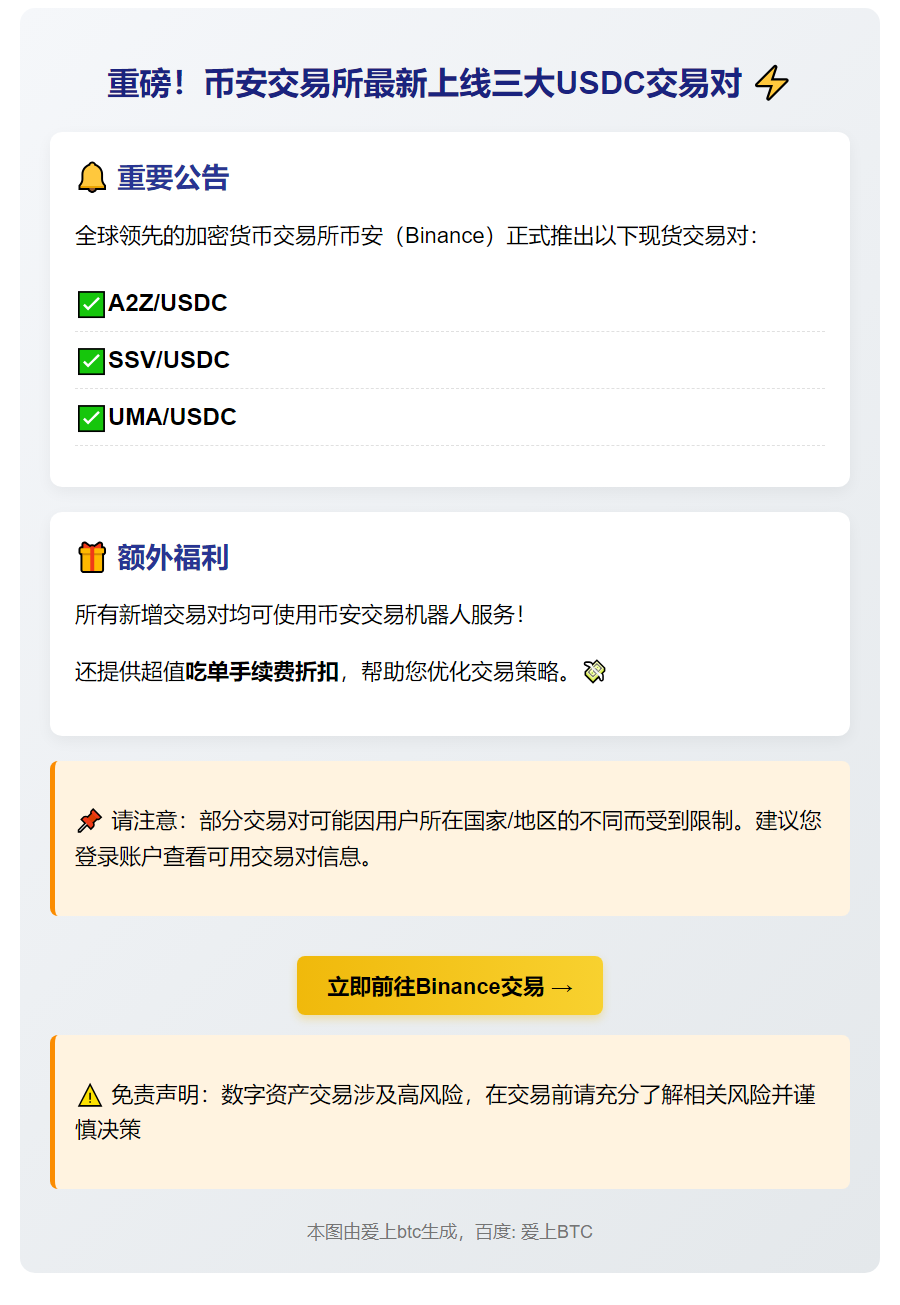Binance上线三新USDC交易对