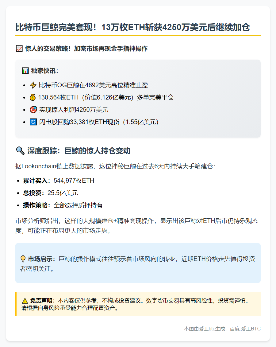 比特币巨鲸平仓13万ETH 获利4250万美元