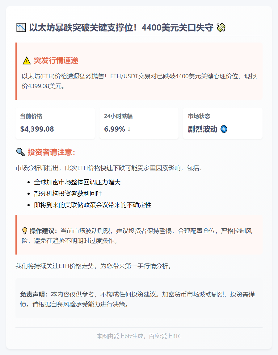 ETH跌穿4400美元