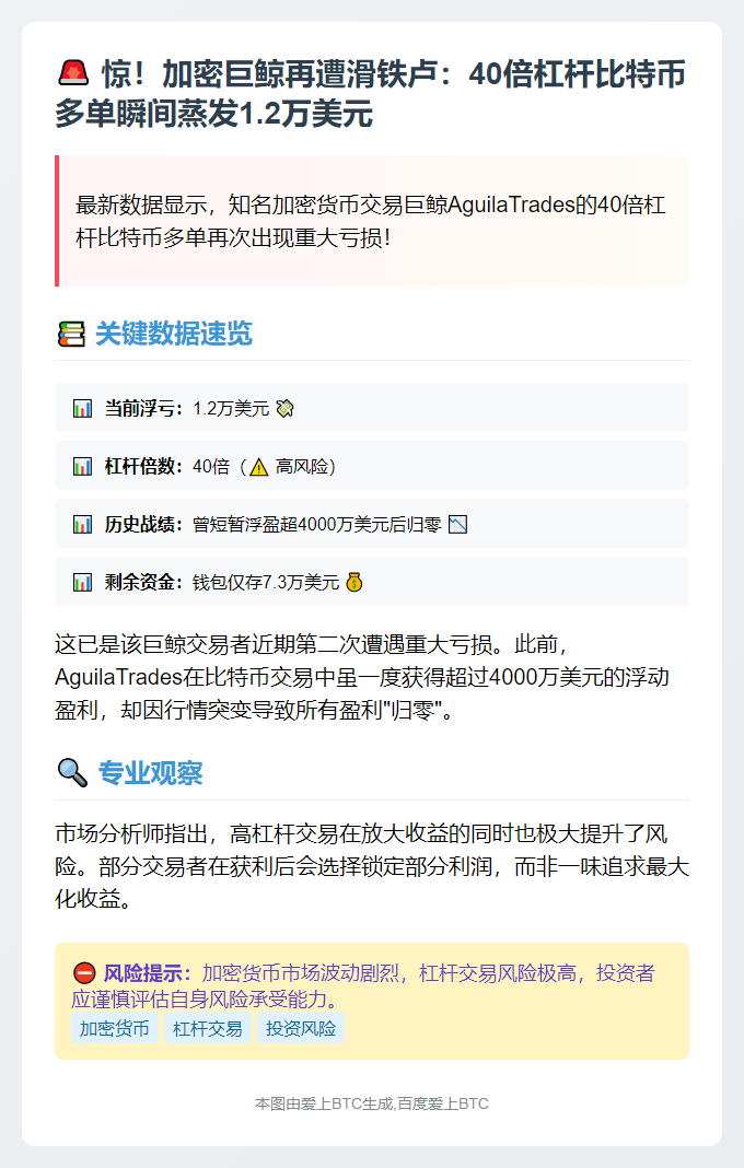鲸鱼Aguila比特币多单浮亏1.2万刀